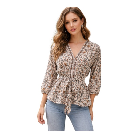 Max Studio Tops - MAX STUDIO Beige Floral Tie-Waist V-Neck Blouse Boho Peplum Folk NWT M